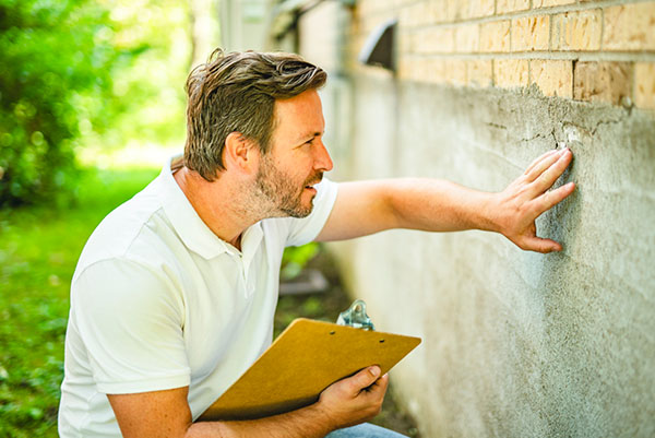 Inspector examining exterior foundation damage on a house in need of repairs before selling as-is
