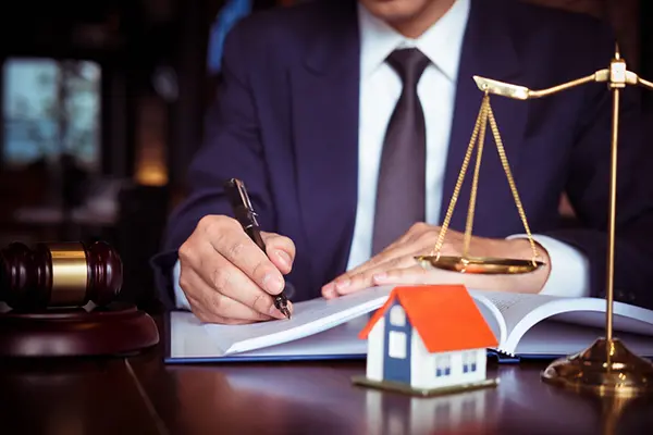 Lawyer reviewing bankruptcy paperwork with gavel, justice scales, and model house on desk — symbolizing legal process of selling a home during bankruptcy in Austin, TX.